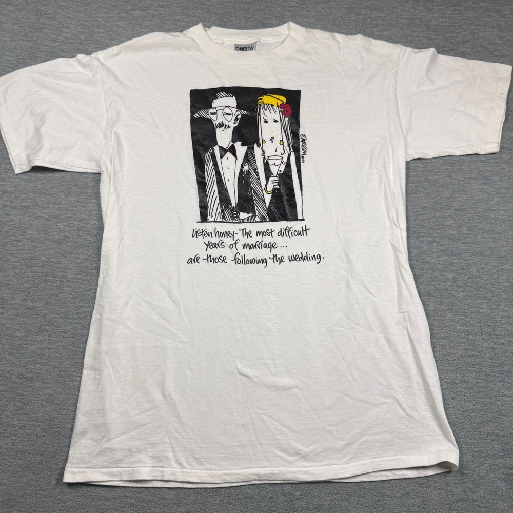 ONEITA T-Shirt Mens XXL White Graphic Marriage Humor Short Sleeve Made in USA VT